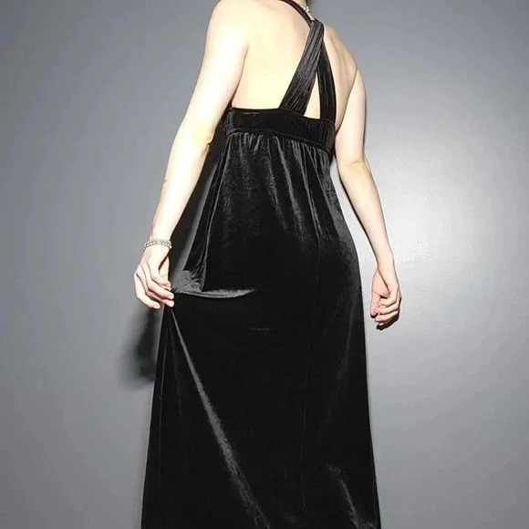 Vintage 90s elegant low cut black velvet babydoll halter maxi dress - Picture 10 of 11